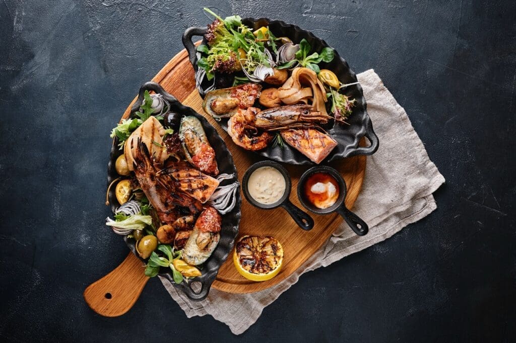 Assorted delicious grilled seafood with vegetables